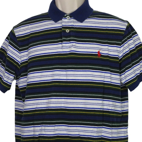 Polo by Ralph Lauren Men Size L Custom Fit Striped Polo Shirt Blue Green Logo - Picture 2 of 8